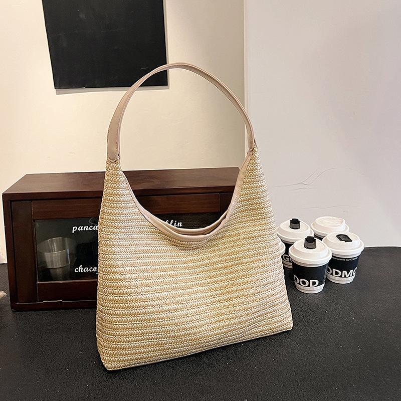 Dopamine Bag Rainbow Strip Summer Woven Straw Bag Shoulder Tote Bag Large Capacity Beach Vacation Armpit Bag