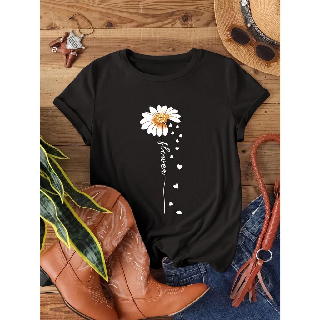 T-shirt Imprimé Lettre de Foi & Fleurs, Haut Décontracté à Manches Courtes et Col Rond, Vêtements pour Femmes, Saint-Valentin