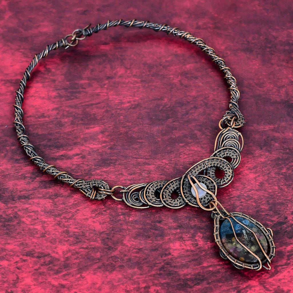 Copper watermelon tourmaline necklace copper wire wrapped gemstone necklace rainbow moonstone necklace handmade copper jewelry wedding gifts