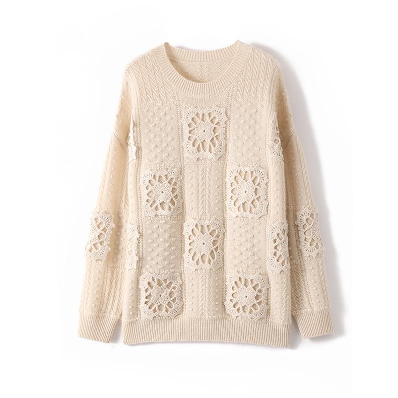 Handmade Women's Loose Knit Wool Sweater - Round Neck, Thick, Trendy, and Stylish Hollow Design.