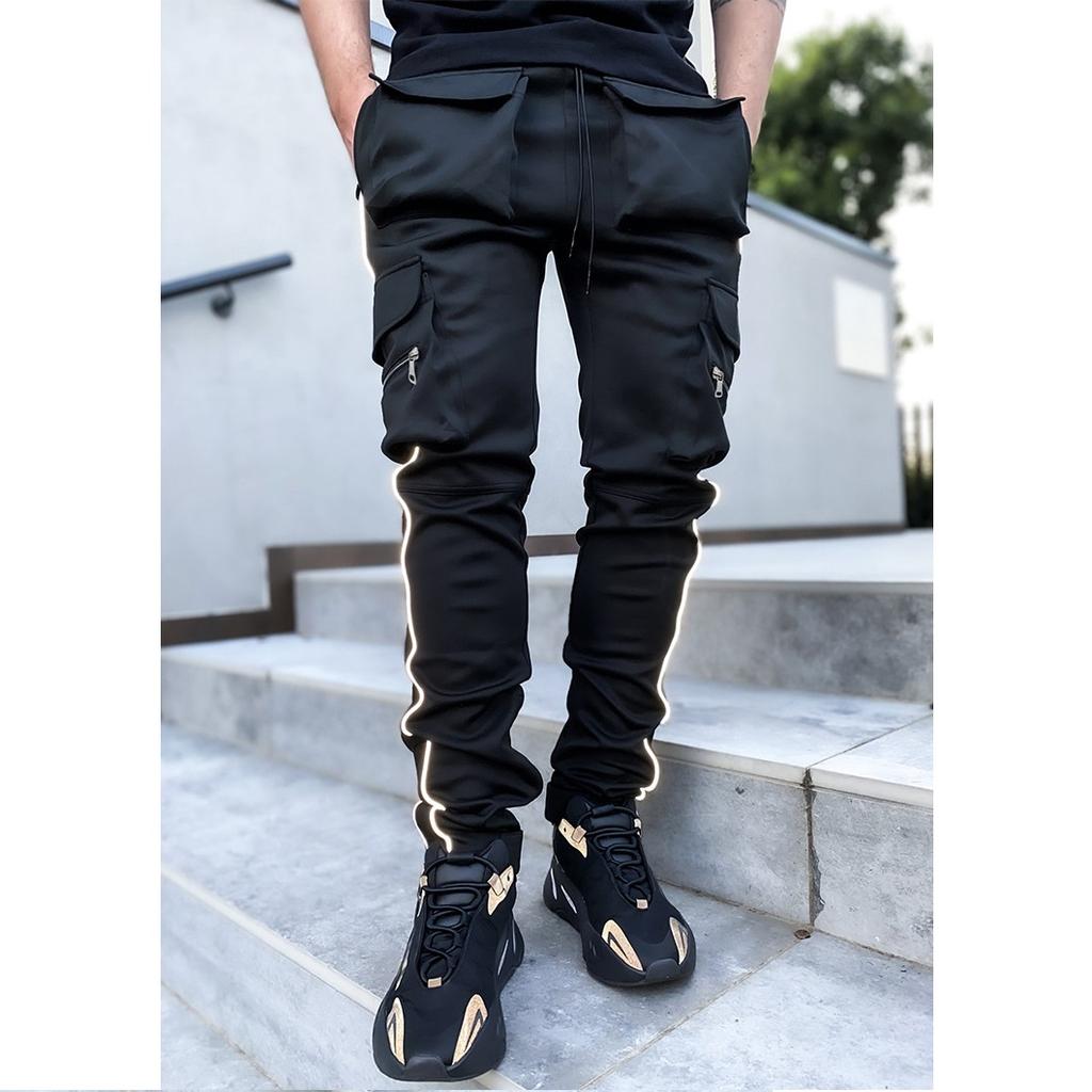 Spring and Autumn Workwear Pants Men's Trendy Brand Elastic Multi Pocket Reflective Straight Tube Sports FitnessPants Men