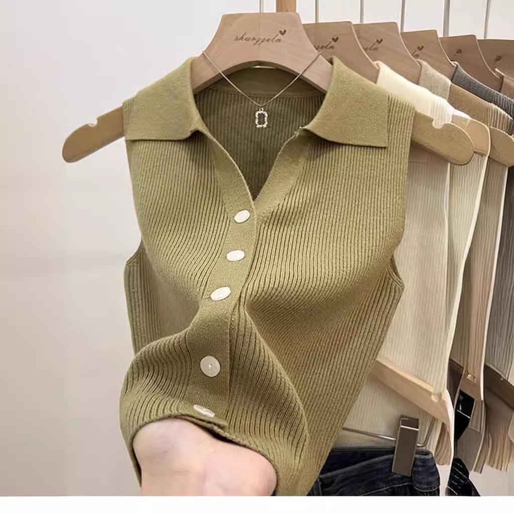 Polo lapel thin slim sling outer vest women's summer chic ice silk knitted vest sleeveless small top