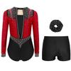 Girls Gymnastics Figure Skating Dance Set 3Pcs: Long Sleeve Keyhole Back Rhinestone Leotard with V-Front Shorts & Hair Band