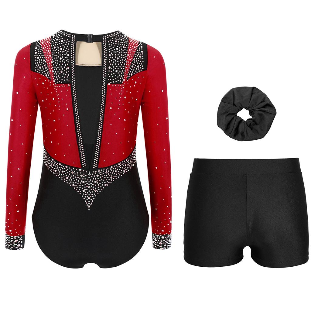 Girls Gymnastics Figure Skating Dance Set 3Pcs: Long Sleeve Keyhole Back Rhinestone Leotard with V-Front Shorts & Hair Band
