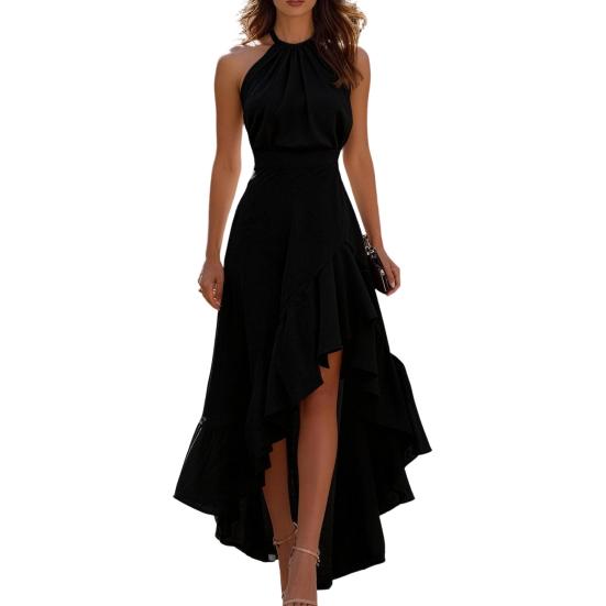 Yousheng Women Cocktail Party Dress, Halter Sleeveless Flowy Long Dress, Ruffled Irregular High Low Wedding Guest Dress