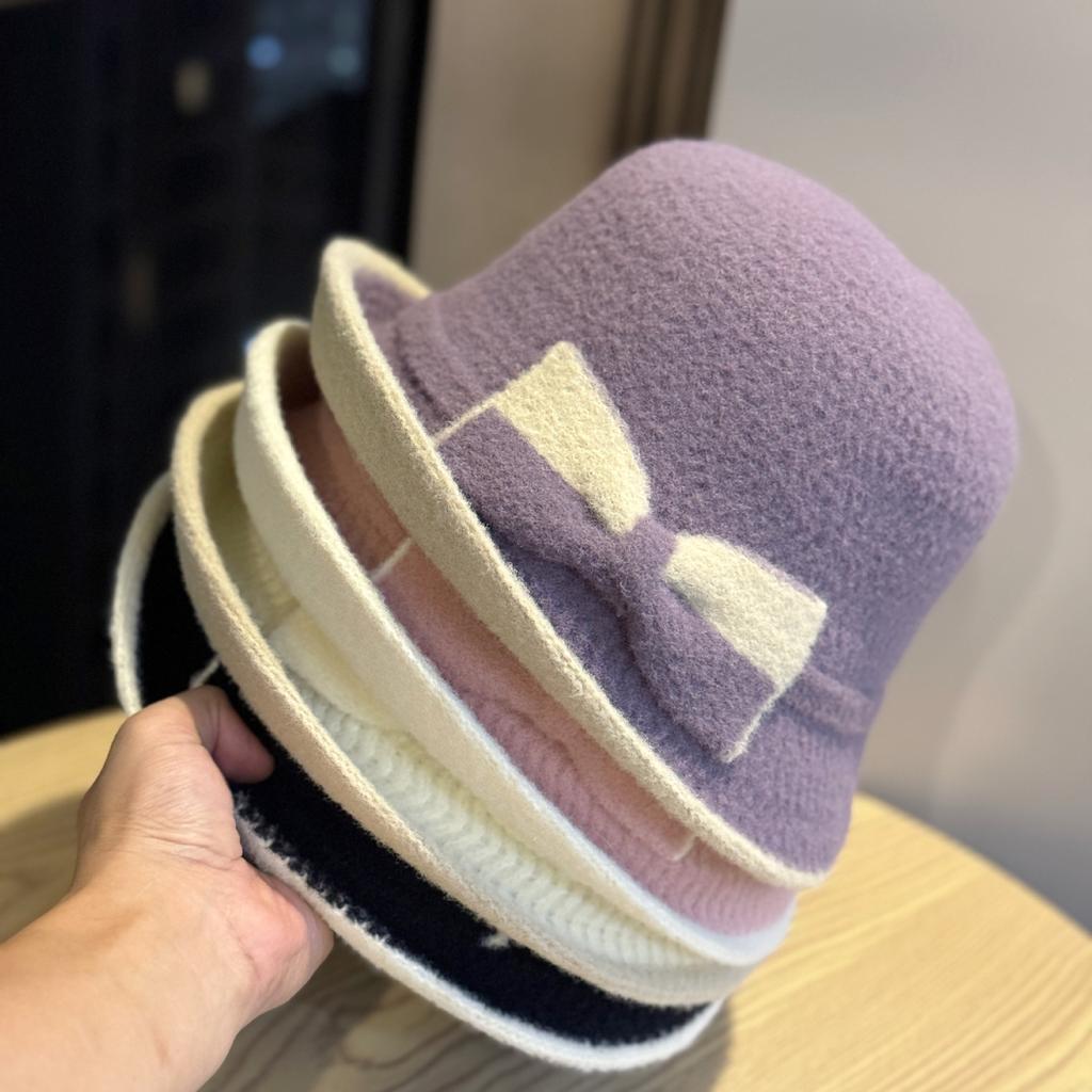 New women's autumn and winter Korean-style two-tone bow fisherman hat, elegant and warm knitted hat for middle-aged and elderly, trendy