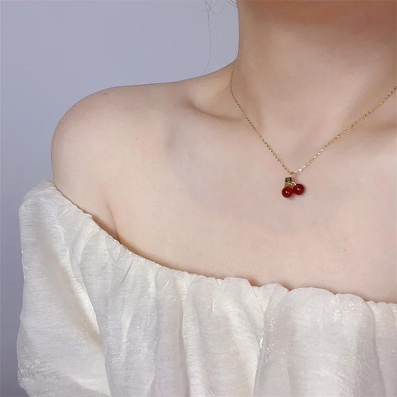 Cherry Necklace Natural Stone Beads Pendant Chain Necklaces Women's Fashion Wedding Party Jewelry Birthday Gift