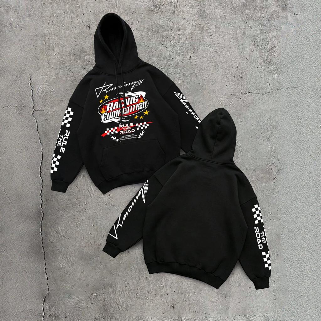Racing grid flag flame print hooded sweater loose shoulder men's and women's jackets men's and women's hooded couples