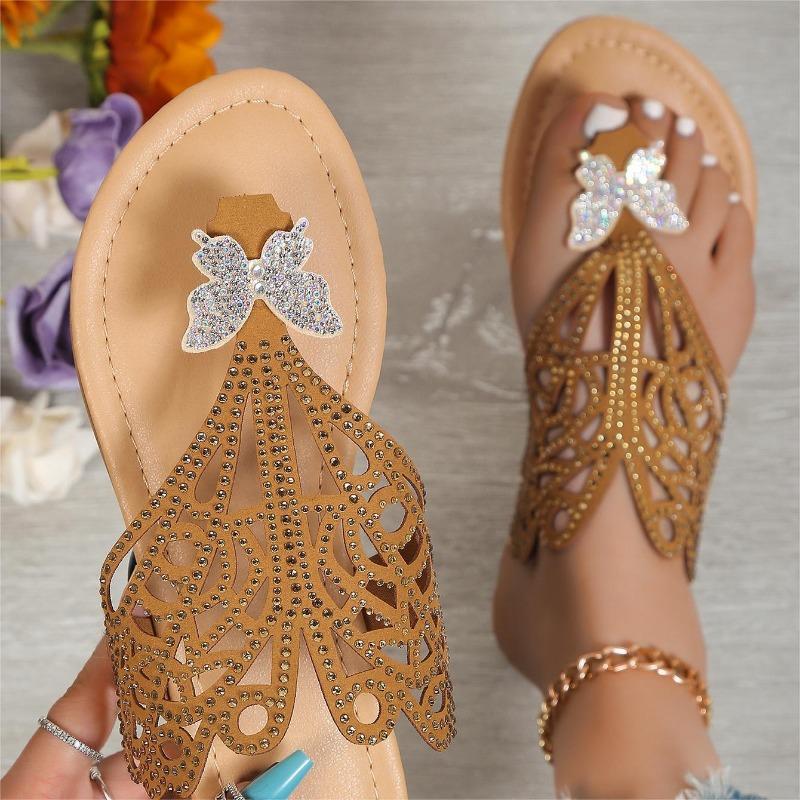 Large Size Butterfly Rhinestone Herringbone Slippers for Women's Casual Hollow Roman Fish Mouth Slippers