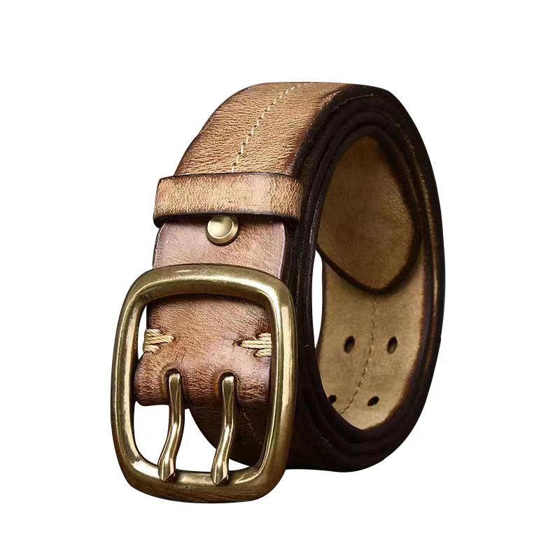 Genuine Leather Distressed Double Pin Buckle Belt - Retro Korean Style for Men’s Casual Jeans