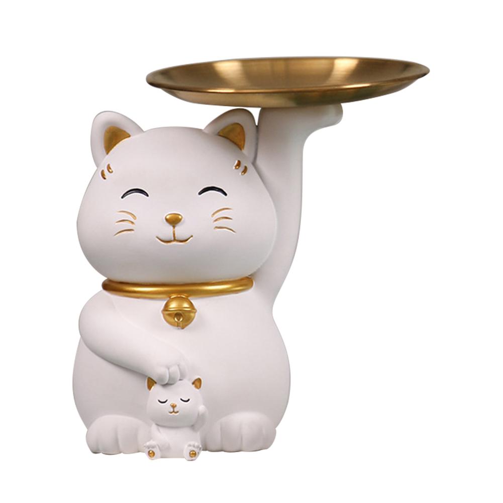 Resin Lucky Cat Statue Sculpture Table Decoration Fortune Cat Miniature Figurine Storage Box Modern Living Room Desk Home Decor
