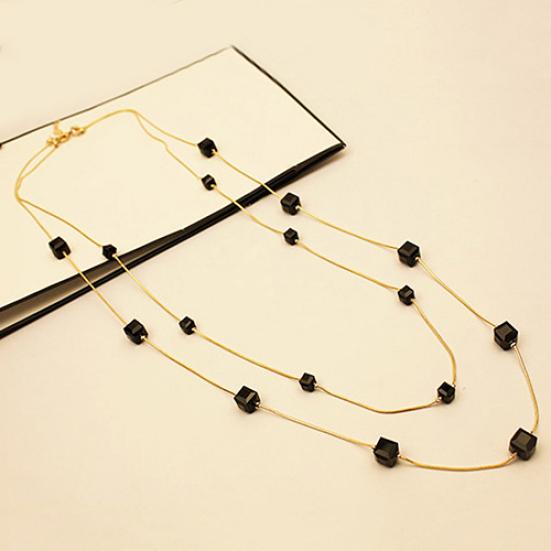 Kvinner Square Rhinestones perler 2 lag Golden Alloy Chain lang genser kjede