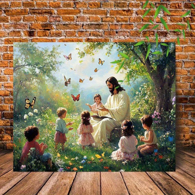 Canvas Painting And Children in Garden with Butterflies Art Prints Wall for Bedroom Home Decor Nature Scenery Religious Canvas Print Poster Picture