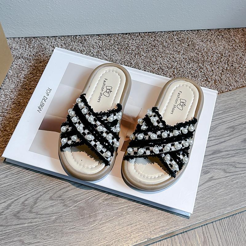 

New Summer Children s Slippers for Little Girls, Soft Sole, Non-Slip, Cross-Strap with Rhinestones, Trendy Flat Slippers 26Inner Length16.4cm чёрный