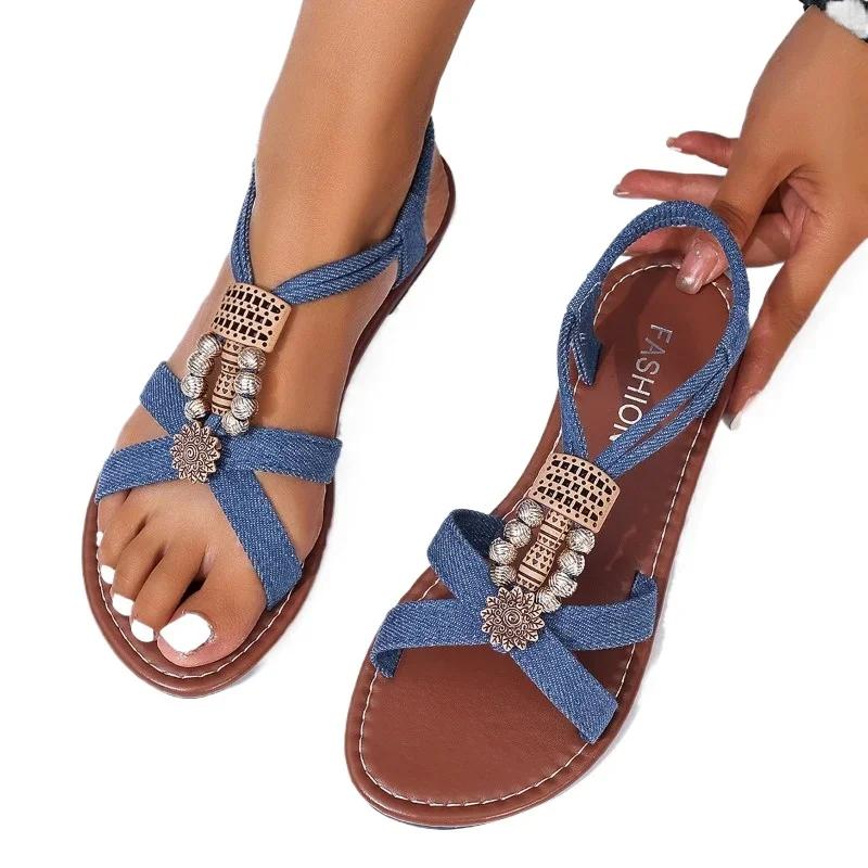 Fashion Ladies Shoes 2024 Hot Sale Elastic Band Women's Sandals Fashion Metal Decoration Daily Sandals Women New Round Toe Flat Sandals