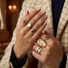 French Vintage Mother of Pearl Open Ring for Women Stainless Steel Adjustable Gold Elegant Iridescent Shell Jewelry