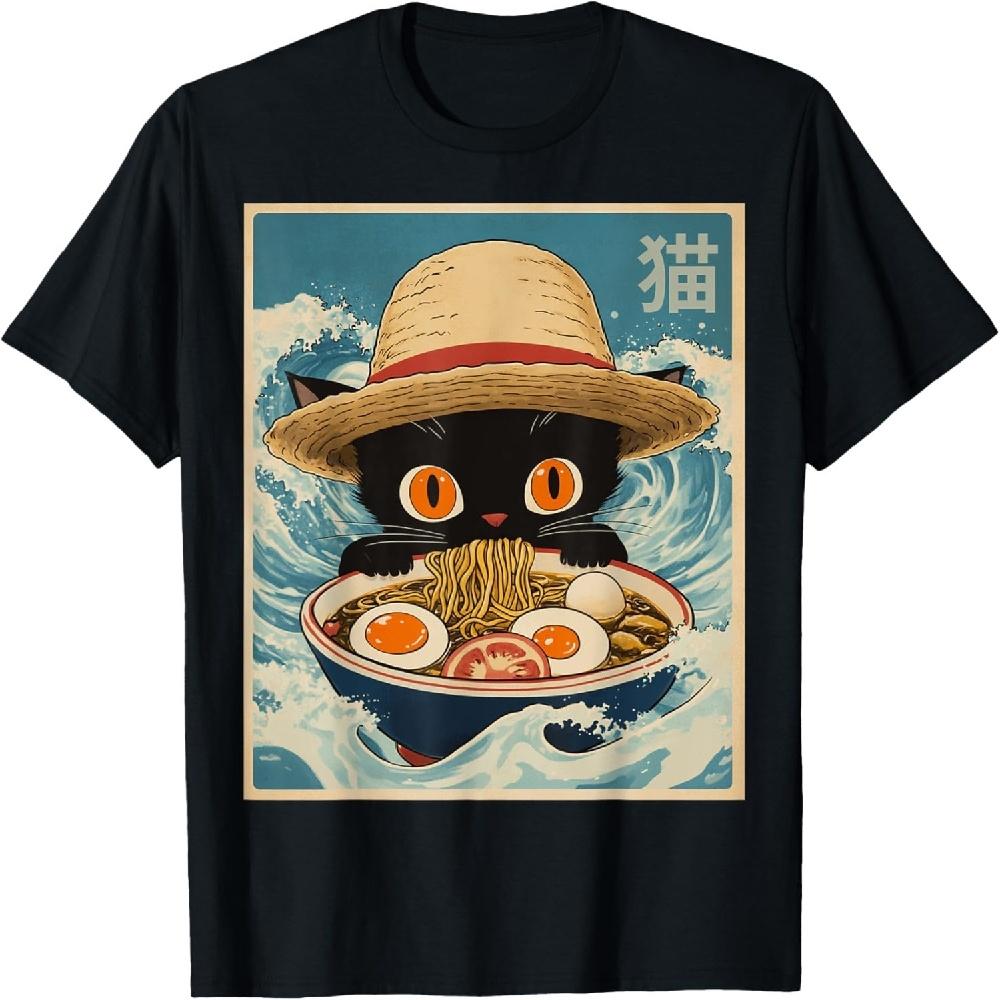 

Funny Graphic Cat Ramen Noodles Japanese Kawaii Anime T-Shirt XXXXXL чёрный