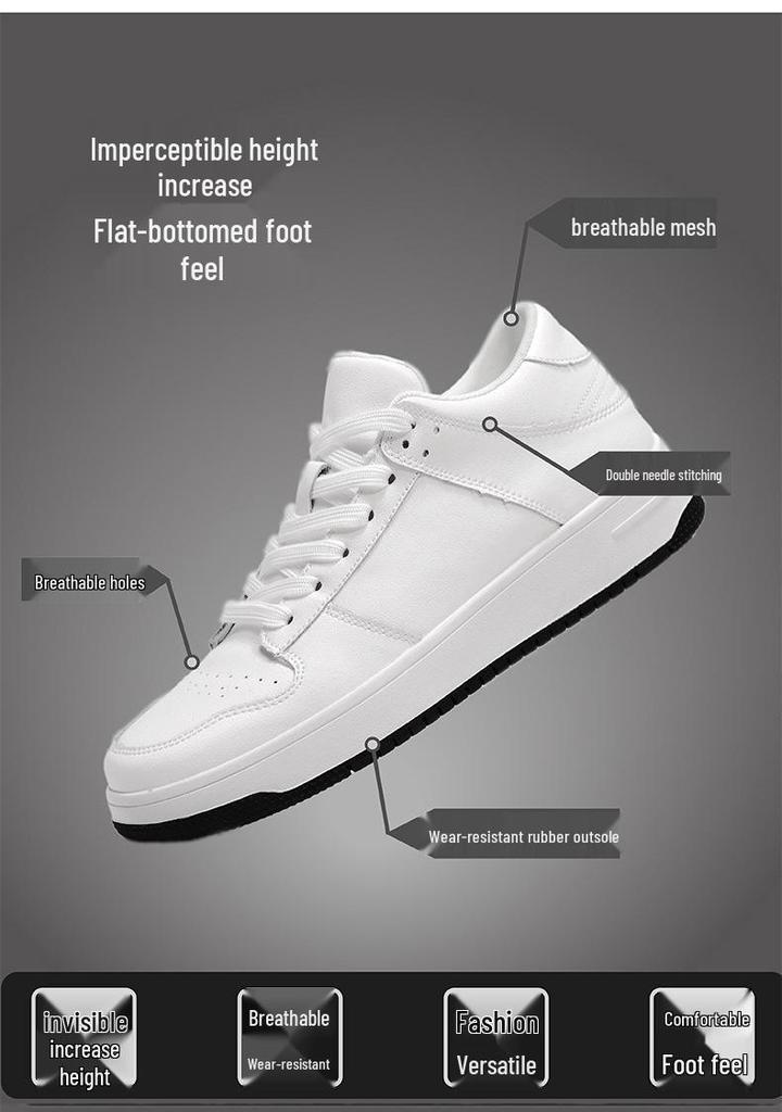 Men's Invisible Lift Casual White Leather Sneakers - Breathable, Soft Sole, Year-Round Wear