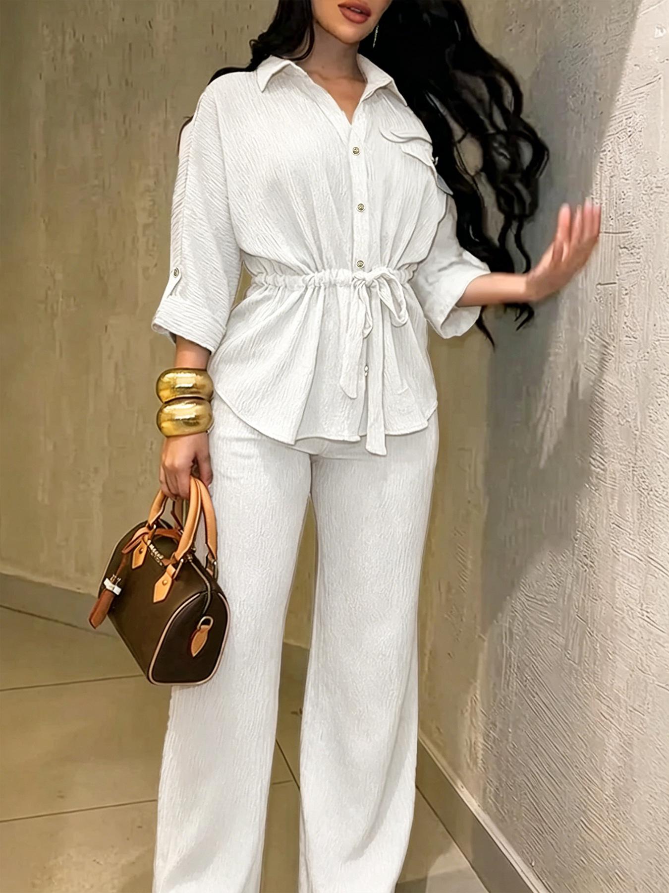 

Women s Roll-Sleeve Button-Up Top with Flap Pockets & Drawstring Waist + Elastic Waist Wide-Leg Pants Set Large off білий колір