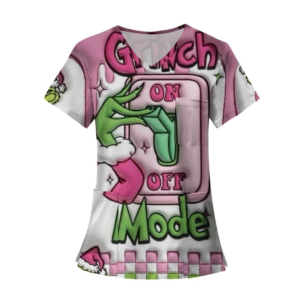 Damenmode Bedruckte Kurzarm-Oberteile mit V-Ausschnitt und Muster, Taschen, Arbeits-T-Shirts