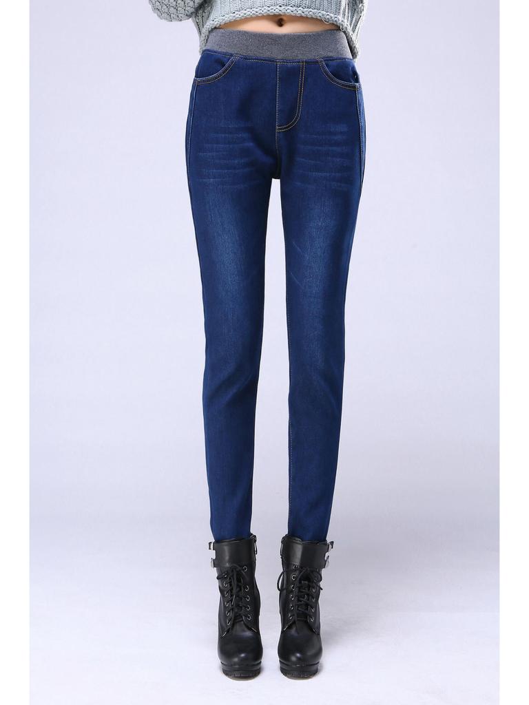 Women's Plus Size Fleece-Lined Skinny Jeans, Korean Style, Stretch Elastic Waist, Autumn/Winter 1016