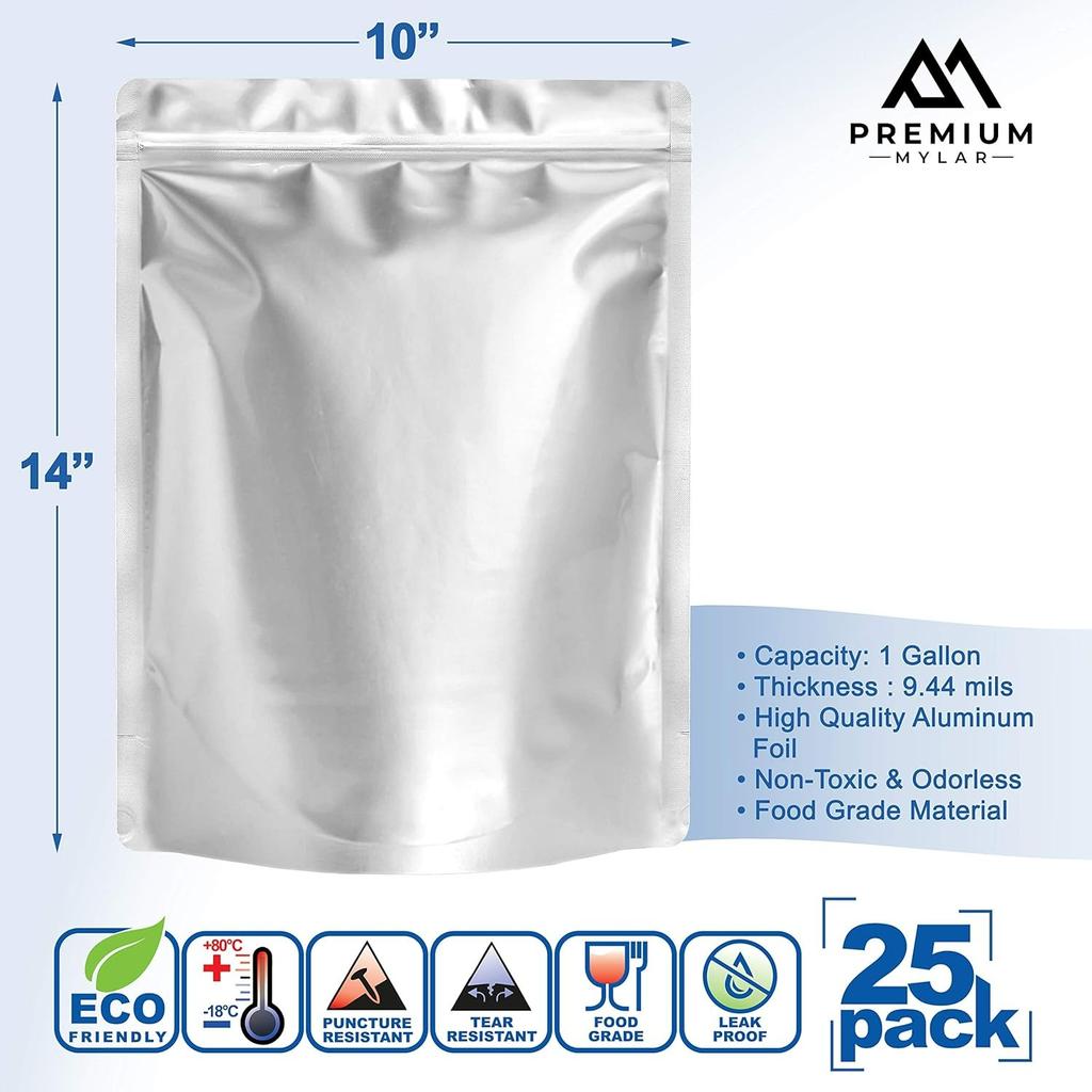 25 Mylar-Beutel 1 Gallone - Extra Dick 9,4 Mil - 10"x14" Luftdicht Vakuumversiegelbar Versiegelbare Mylar-Beutel für Langzeit-Lebensmittelaufbewahrung - Geruchsneutral Hitzebeständig