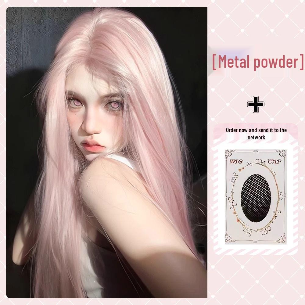 Długa Prosta Peruka z Koronką z Przodu dla Kobiet - Różowy Styl Lolita z Puszystym Pełnym Kryciem