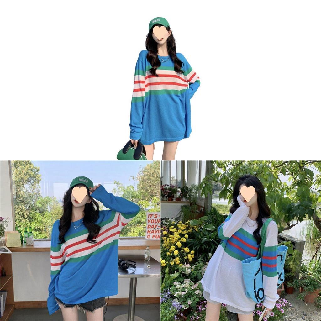 Ice Silk Striped T Shirt For Women With Loose Fit And Summer Style