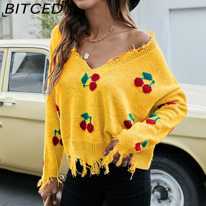 BITCED Women's Oversized Cropped V-Neck Sweater Women's Knit Sweater with Fringe for Fall/Winter