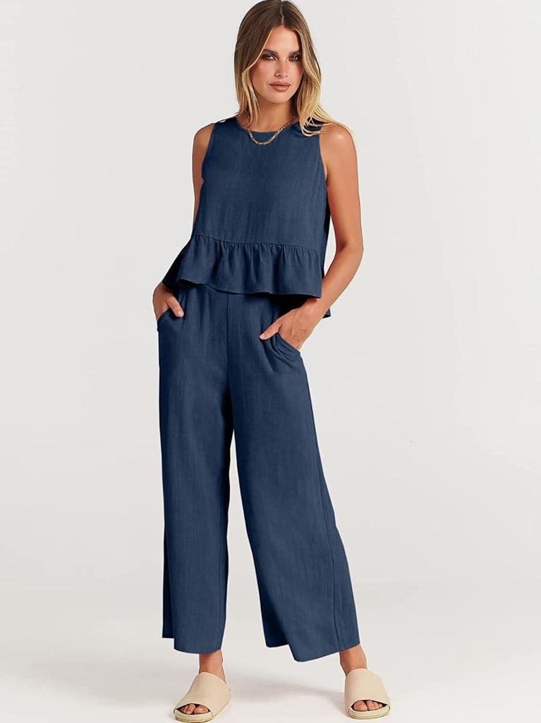 New Summer/Fall Sleeveless Tank Top and Wide-Leg Cropped Pants Casual Set for Women