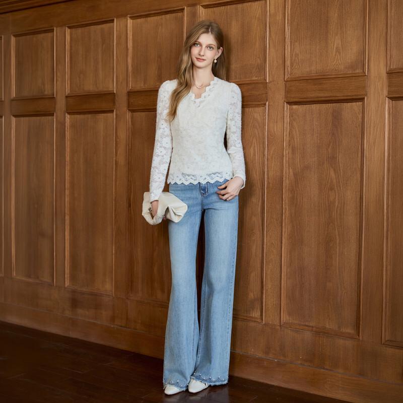 Xiangying Women's V-Neck Slim Fit Lace Blouse
