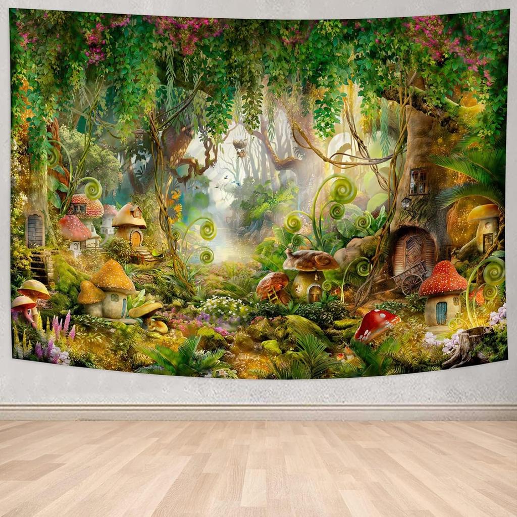 Fantasy Forest Tapestry Enchanted Mushroom Magical Tapestry Fairytale Wonderland Tree House Tapestries Wall Hanging Art For Kids