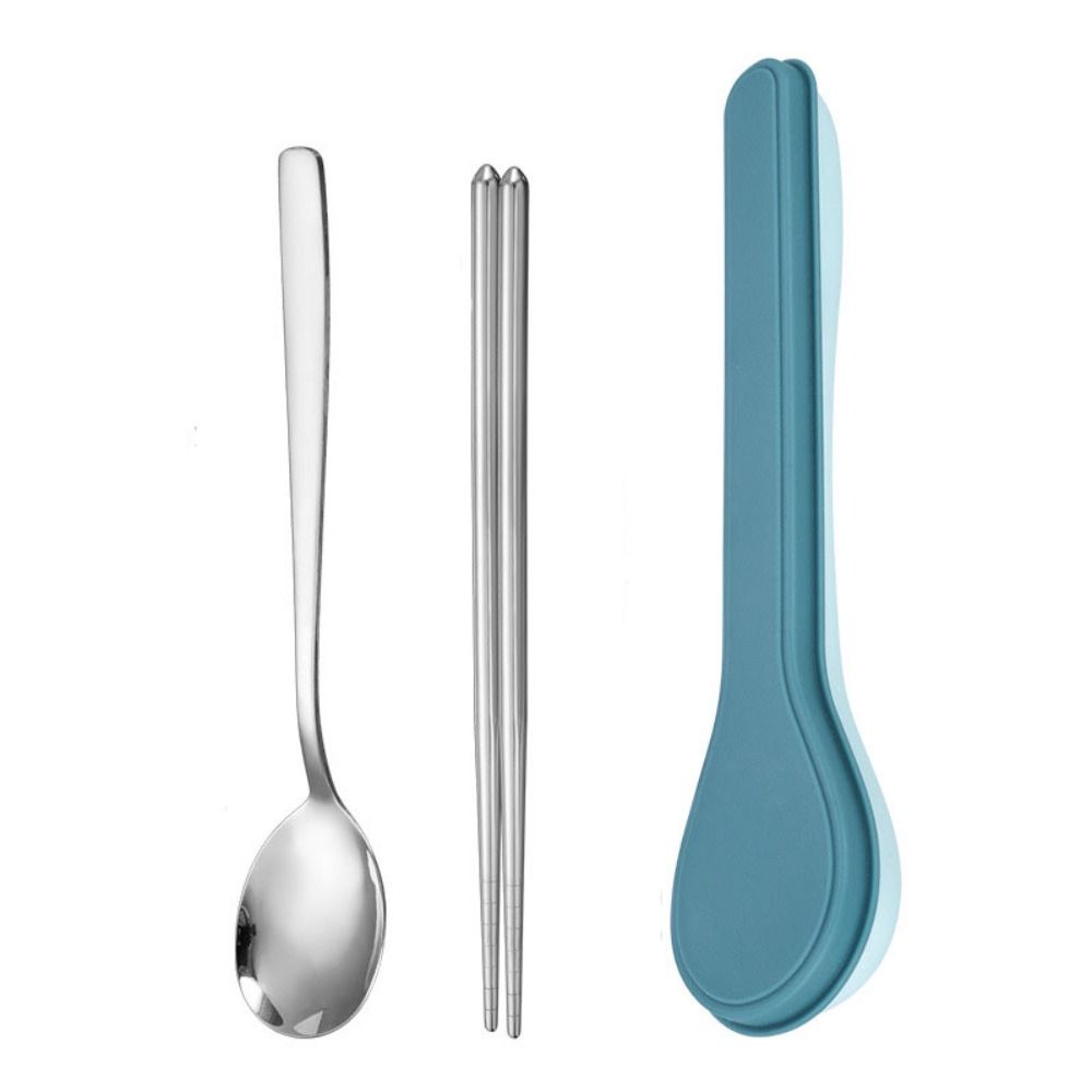 

3/2pcs Korean Style Cutlery Set with Case Flatware Portable Dinnerware Home blue-3pcs