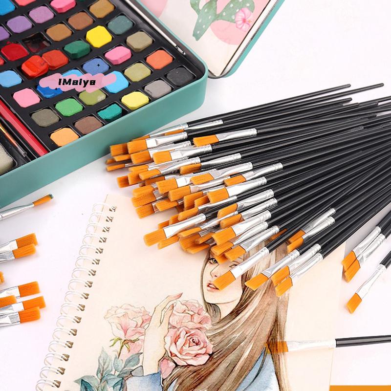 Y-50Pcs Painting Brushes Set Round Flat Hair Nylon for Oil Acrylic Watercolor Art Artists Beginners Students Kids