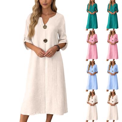 Women's Fashionable Casual V-neck Long-sleeved Color Dress