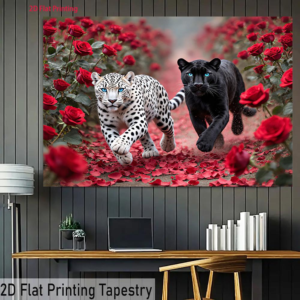 2D plane 1 snow leopard and black leopard running in the theme of rose ocean suitable for parties and room decoration
