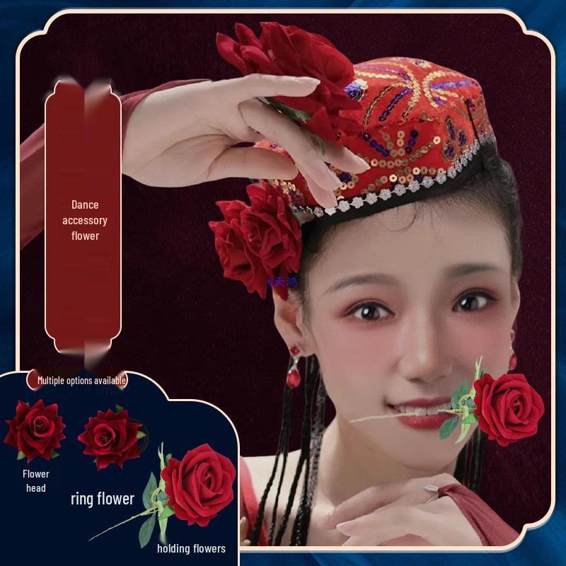 Ethnic Style Rose Headdress & Finger Flower Ring for Dance Performance and Art Exam Hair Clips
