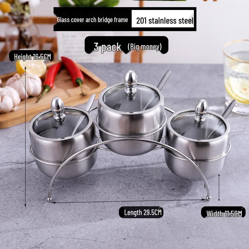 Gold Korean-Style Seasoning Jars, 201 Stainless Steel with Glass Lids On Tray, for Restaurant Use.