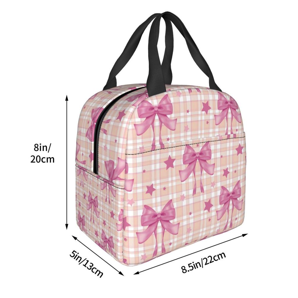 Pink Plaid, Bows And Stars Insulated Lunch Bag for Women Office Cooler Thermal Food Box Tote Portable Lunch Boxes Container