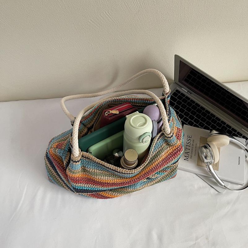 Seaside Vacation Straw Woven Bag Women's Large Capacity Rainbow Tote Bag Travel Commuter Shoulder Bag
