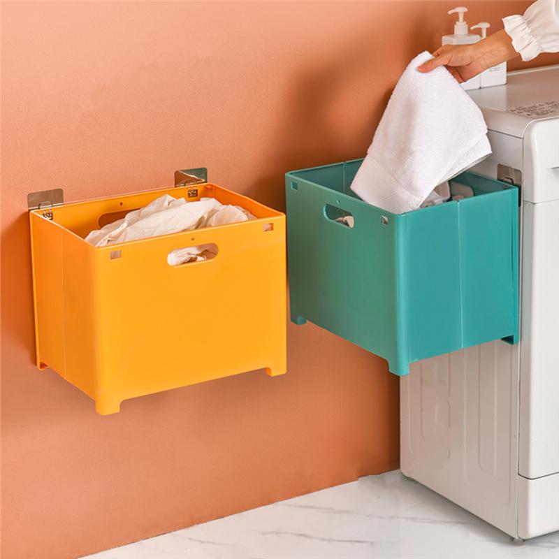 Foldable Wall-Mounted Plastic Dirty Clothes Laundry Storage Basket Punch-Free Home Bathroom Sundries Organizer with 2 Hooks