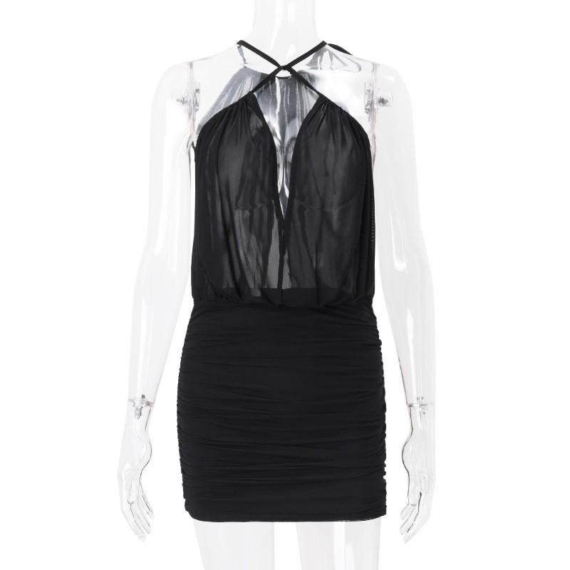 Women's Sexy Cross Halter Neck Mesh Mini Dress Spring Deep V Ruched Bodycon Party Evening Cocktail Dress
