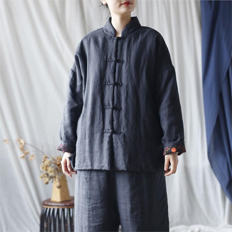 Johnature Damen Winter Locker Vintage Einfarbig Schnalle Langarm Chinesischer Stil Einreiher Retro Mäntel