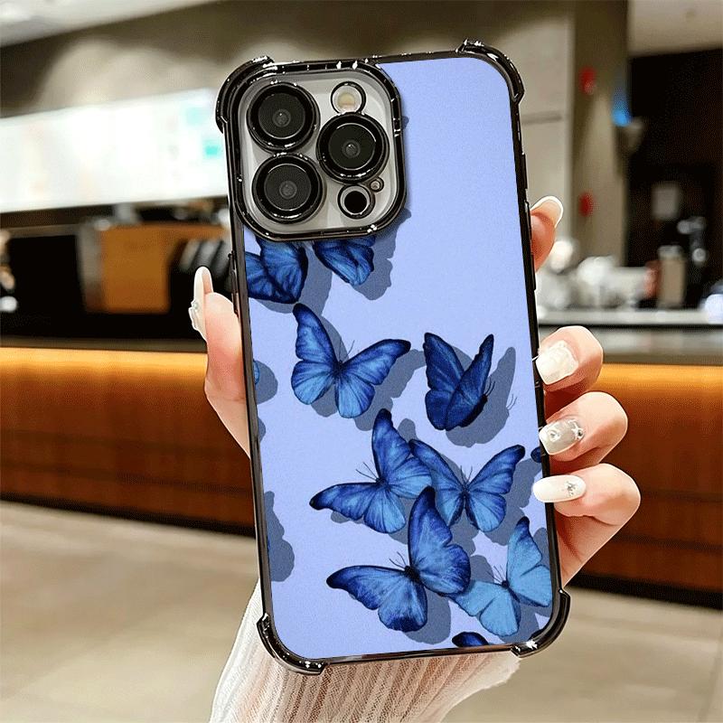 Blue Butterfly Aesthetics Plating Phone Case For Iphone 16 17 Pro Max Air 16E 14 15 Plus 12 13 Mini Anti-Fall Airabag Cover