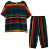 Summer Casual Two-piece Set Women's Loose Literary Round Neck Retro Striped Short-sleeved + Wide Legged Eight Trousers Trousers
