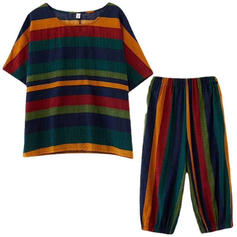 Summer Casual Two-piece Set Women's Loose Literary Round Neck Retro Striped Short-sleeved + Wide Legged Eight Trousers Trousers