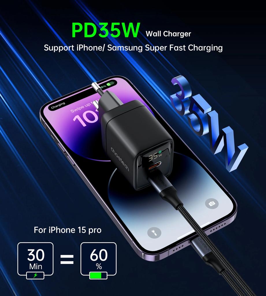 Ładowarka Sieciowa Choetech Pd6051 Usb-C Usb-C Pd 35W Gan Z Wyświetlaczem - Czarna