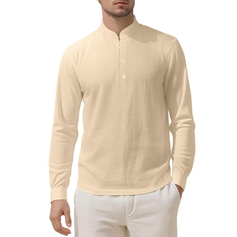 Pánské bavlněné lněné tričko s dlouhým rukávem Tenký volný top Retro Vintage Módní městské oblečení Stojatý střih Mládežnická velikost