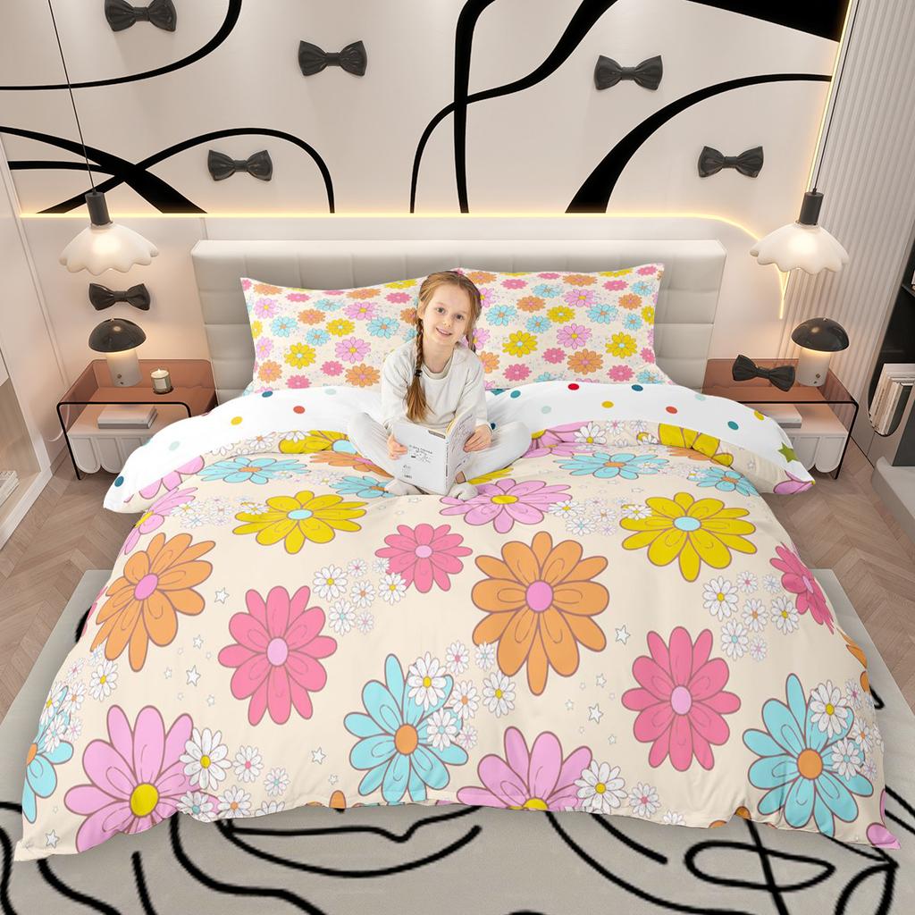 Homewish Kawaii Cherry Bowknot Duvet Cover Set Cute Groovy Flower Bed Set Cartoon Rainbow Quilt Cover Set