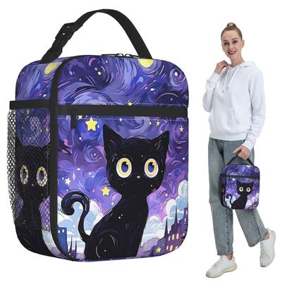 The Black Cat Looks At The Starry Sky Insulated Lunch Bag for Kids Cooler Thermal Food Box Tote Portable Lunch Boxes Container